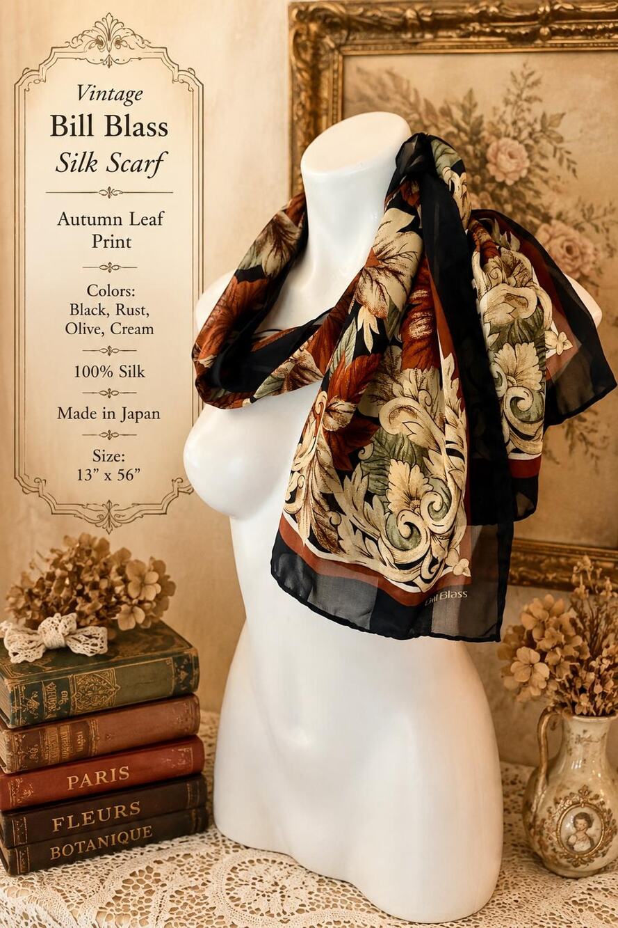 Vintage Bill Blass 80s Silk Autumn Leaf Print Scarf Black Rust 13x56